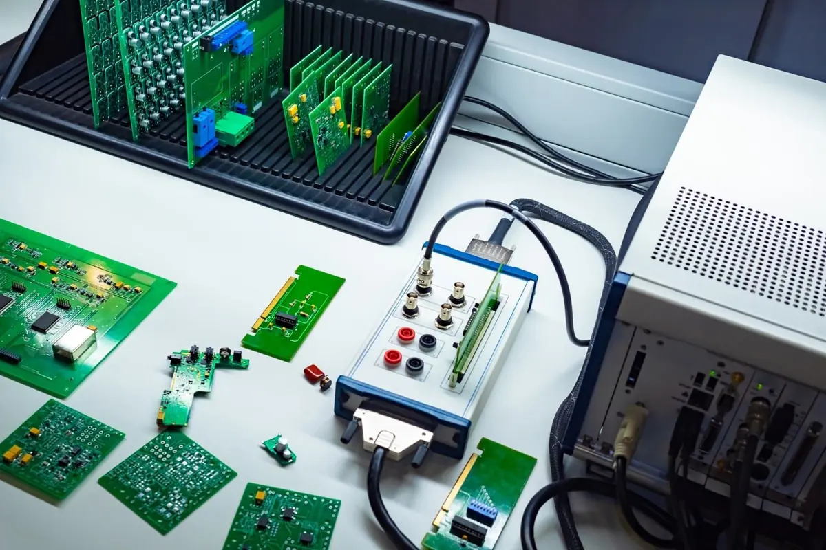 Bench test setup: a fixture box with BNC and banana connectors, assembled boards and a board magazine beside a bench instrument